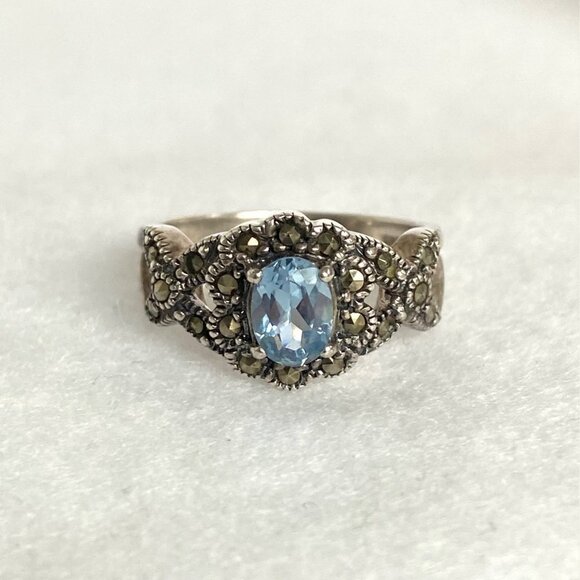 Sterling Silver 925 Oval Blue Topaz & Marcasite Floral Split Shank Ring Sz 7.5 - Picture 2 of 16